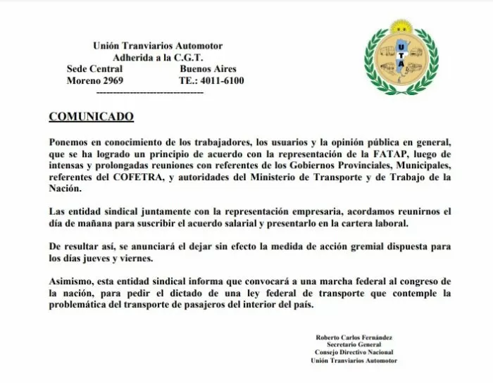 comunicado UTA