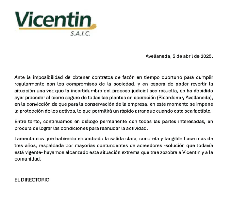 comunicado de Vicentín