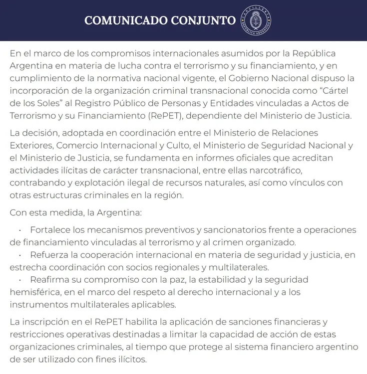 Comunicado de Cancillería Argentina 